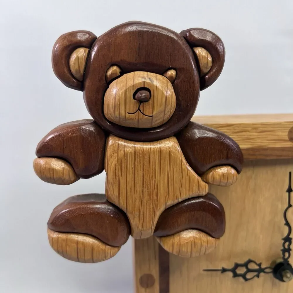 Vintage Handmade Wooden Teddy Bear Clock Working